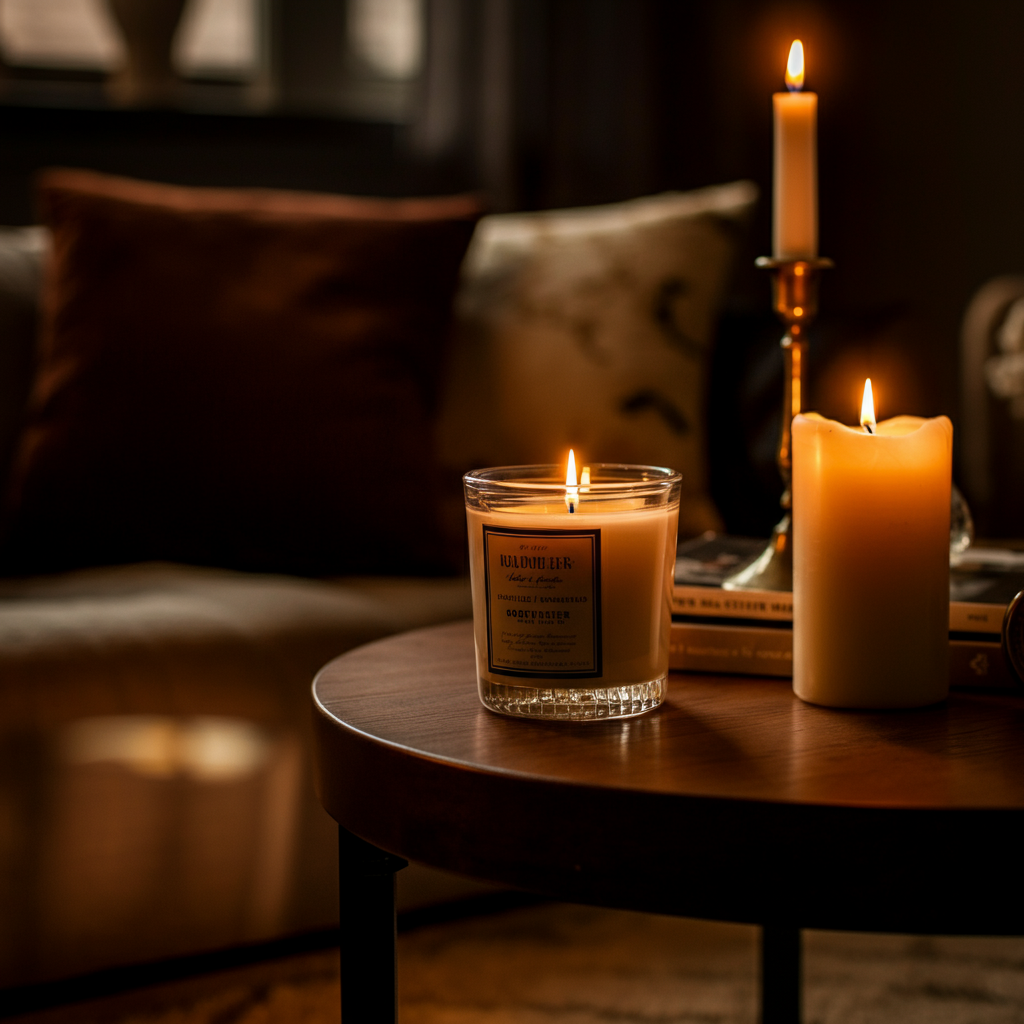 A living room bathed in warm, golden hour lighting with candles flickering on a coffee table. Soft textures and shadows create a cozy atmosphere.