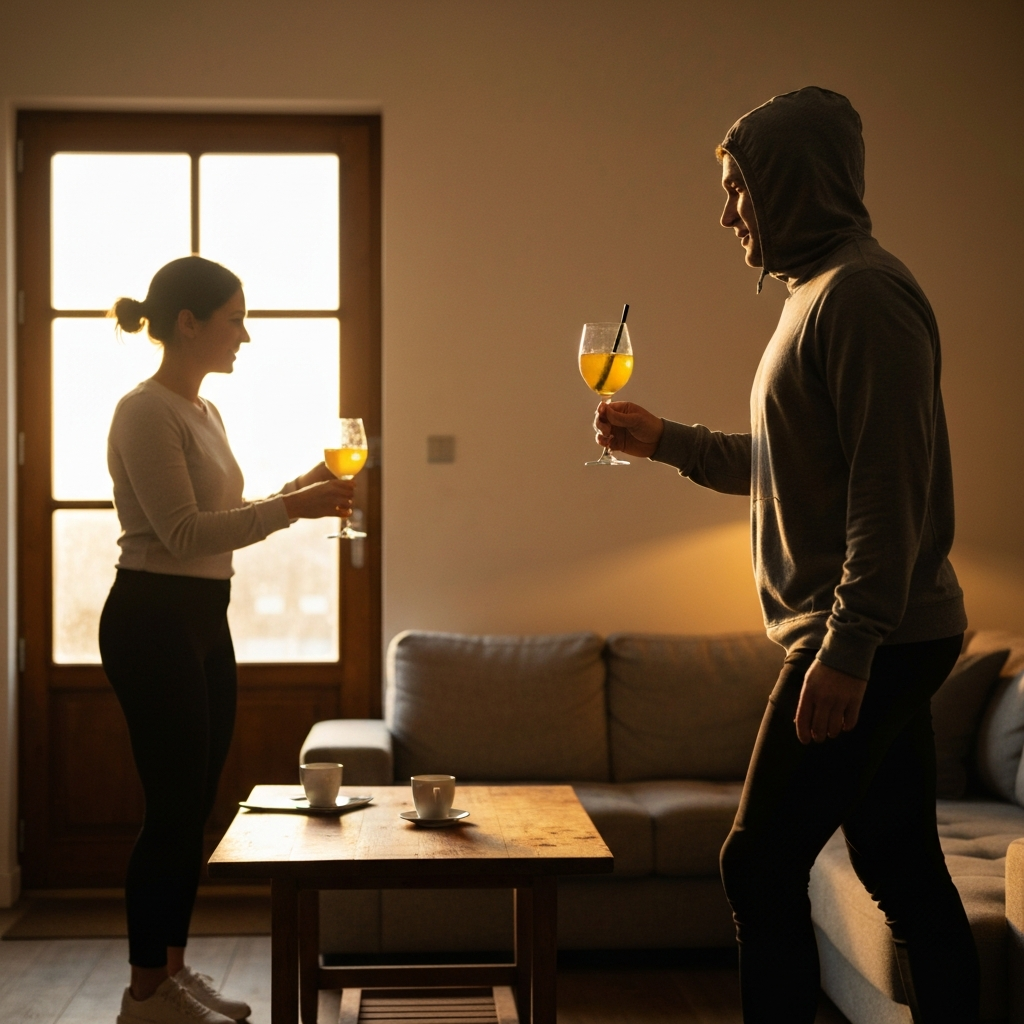 A host warmly greeting a guest at the door, offering a welcome drink. Soft focus on the background, highlighting the inviting atmosphere of the living room.