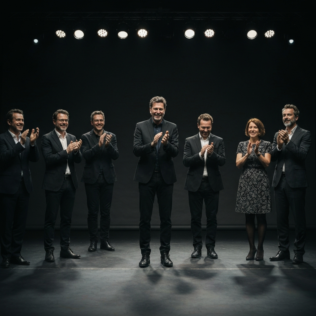A band taking a bow on stage, with the audience applauding enthusiastically. Soft, warm lighting captures the energy and excitement of the moment.