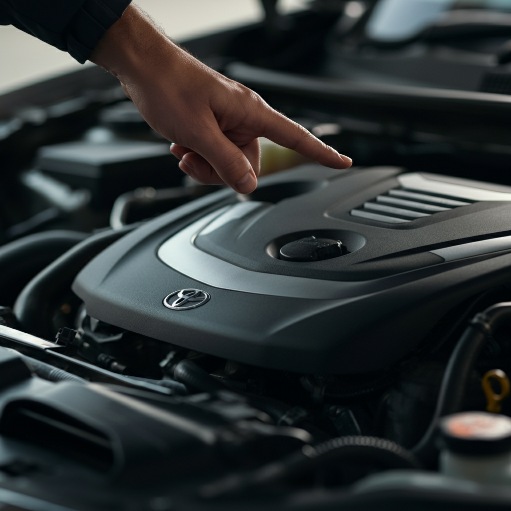 Close-up shot of a hand pointing to the engine bay of a car. Soft, diffused daylight illuminates the engine components, highlighting the textures of the metal and plastic. The background is slightly blurred with a soft bokeh.