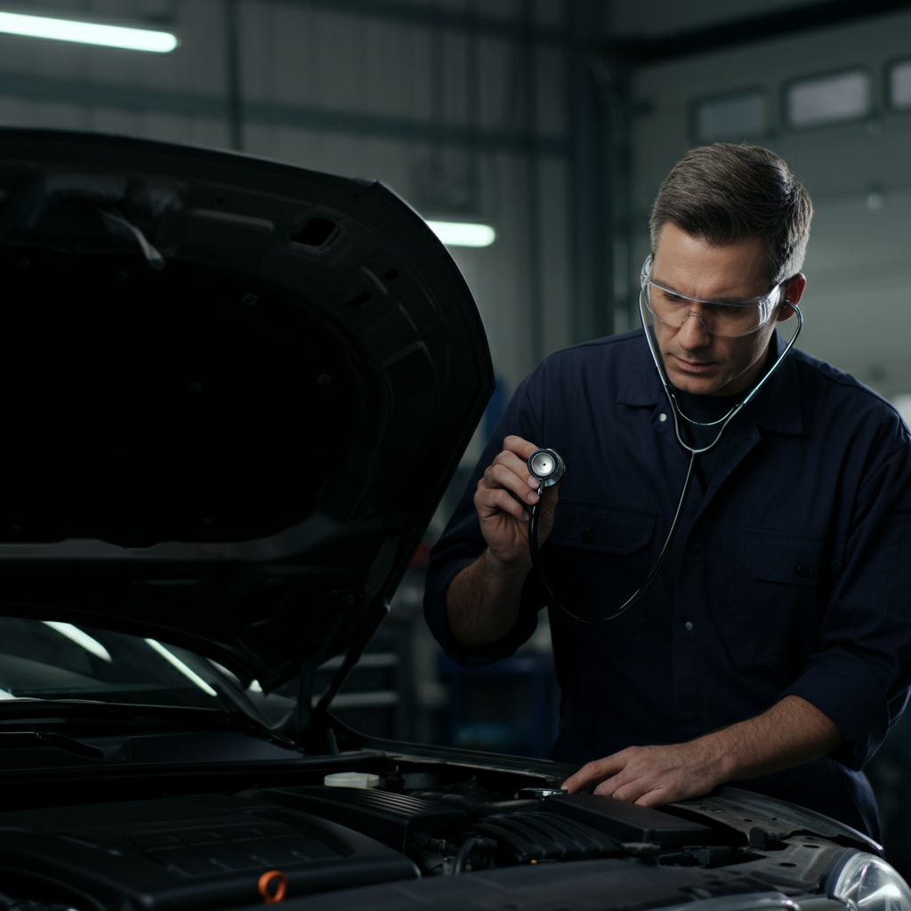 Mechanic in a clean, well-lit garage using a stethoscope to listen to an engine. Focus is on the mechanic's face and the stethoscope placement, with shallow depth of field blurring the background.