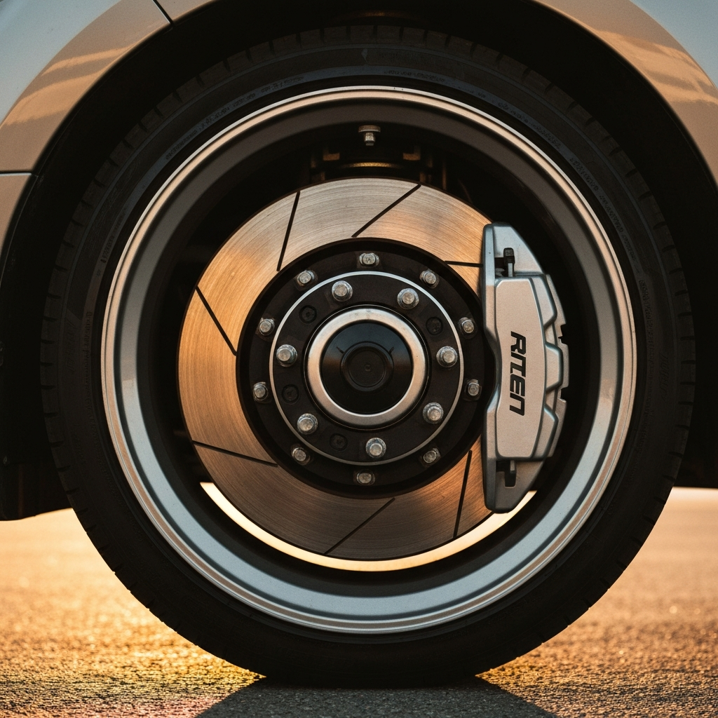 Close-up of a car wheel with the brake caliper visible. The image is side-lit to accentuate the texture of the brake rotor and caliper. Soft, warm light creates a professional, inviting atmosphere.