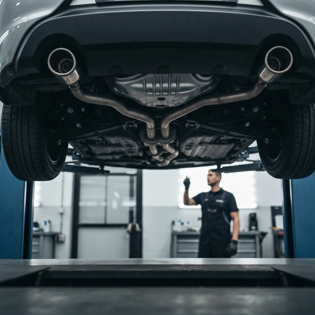 Professional automotive repair shop, focusing on the undercarriage of a car on a lift. Soft, even lighting illuminates the exhaust system. A mechanic is visible in the background, blurred but present, giving a sense of professional environment.