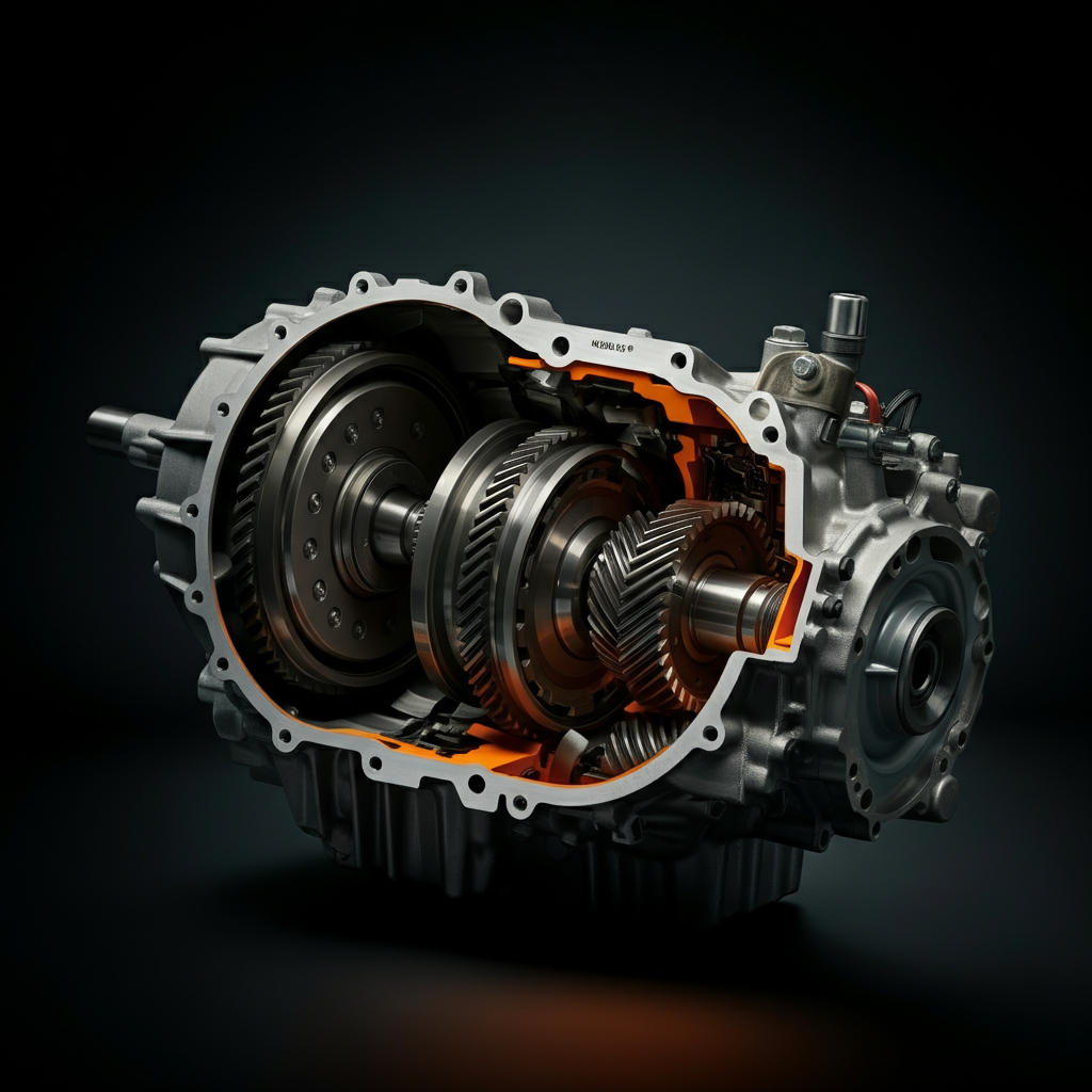 A cutaway view of an automatic transmission showcasing the intricate gears and components within. Studio lighting highlights the metallic textures and internal details. The image is clean and informative, designed for educational purposes.