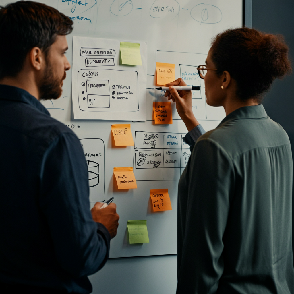 A well-lit office. Two professionals, dressed in business casual attire, are collaborating on a whiteboard. The whiteboard contains diagrams and notes about customer demographics and psychographics, with sticky notes highlighting key information. Soft bokeh in the background.