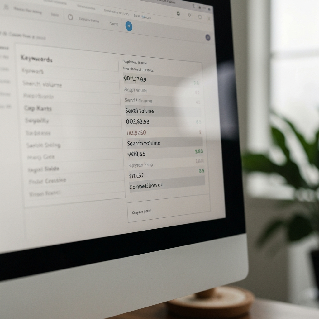 A close-up shot of a computer screen displaying keyword research data. The screen shows various keywords, search volume metrics, and competition scores. Soft light reflecting off the screen.