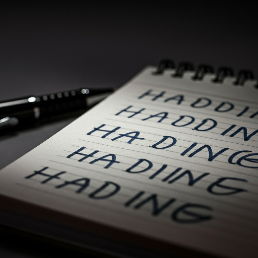 A close-up shot of a notepad with several different headlines written on it, each crossed out except for one that is highlighted. The notepad is lying on a desk next to a pen. Soft, diffused lighting.