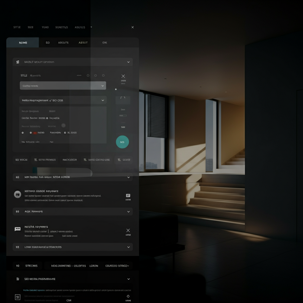 A screen capture of a content management system (CMS) interface. Fields for title, meta description, and keywords are visible, along with recommendations for SEO optimization. Natural lighting.