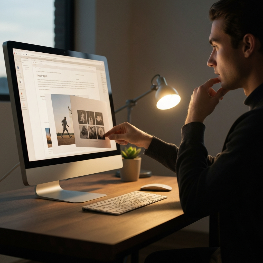 A graphic designer working on a computer, selecting an image for a blog post. They are reviewing different options and considering how the image will complement the text. Soft lighting.