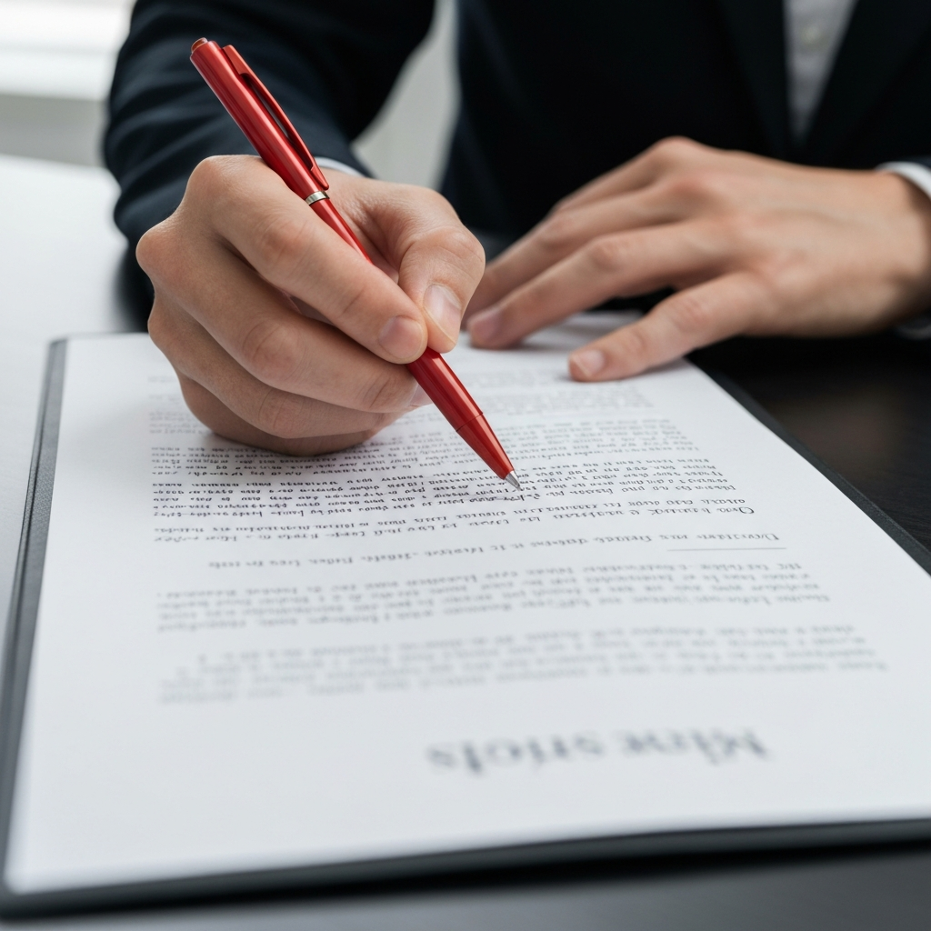 A close-up shot of a person proofreading a document with a red pen in hand. They are carefully reviewing each sentence and making corrections. The lighting is focused on the document.