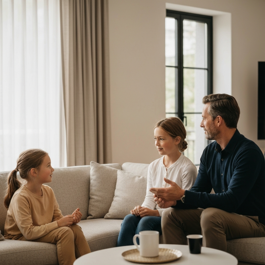 A family sitting together in a living room. The lighting is warm and inviting. They are engaged in a conversation, with one person actively listening to another. Soft bokeh in the background highlights the focused interaction.