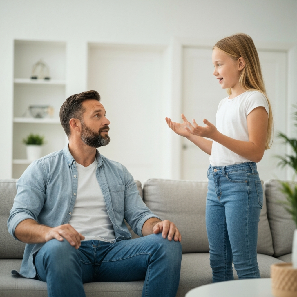 A teenage child is talking to their parent in a brightly lit living room. The parent is sitting calmly, while the child is standing and gesturing. The overall composition focuses on respectful communication and clear boundaries.