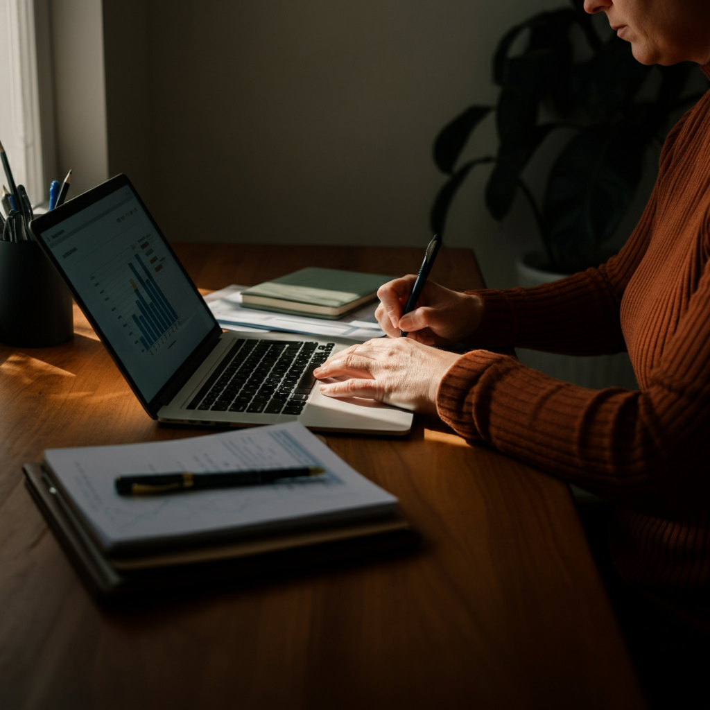 A person sitting at a wooden desk in a sunlit home office, surrounded by notebooks and charts, intently analyzing data on a laptop screen. The light is soft and diffused, highlighting the texture of the wood.