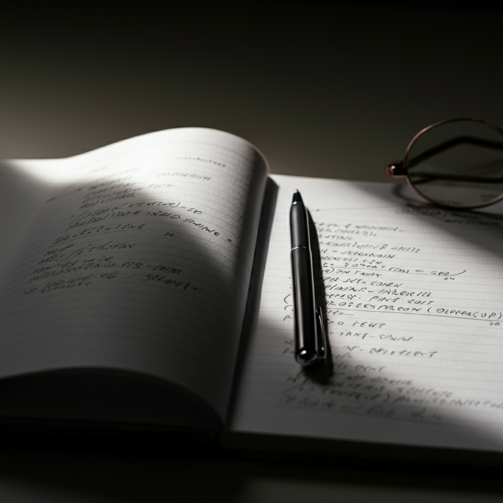A close-up shot of a handwritten business plan open on a desk. The pages are filled with neat handwriting and bullet points. A pen rests on the page, and a pair of reading glasses sits nearby. The lighting is warm and inviting.