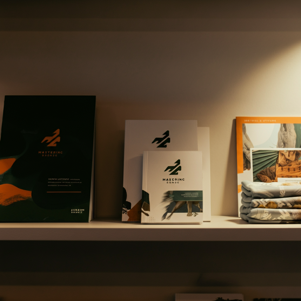 A shelf in a bright, modern office space. The shelf is lined with neatly arranged business cards, brochures, and branded merchandise, all displaying a consistent color scheme and logo.