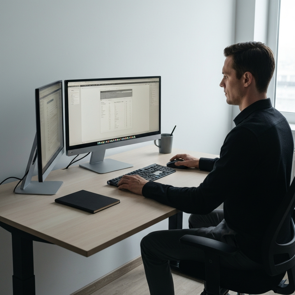 A person working at a standing desk in a minimalist office. They are using a large monitor and a wireless keyboard and mouse. Cables are neatly organized, and the workspace is clean and uncluttered.