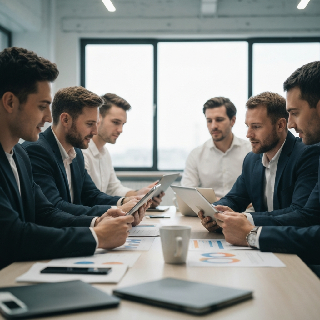 A brightly lit co-working space with several people collaborating around a table, reviewing data on tablets and discussing marketing strategies.