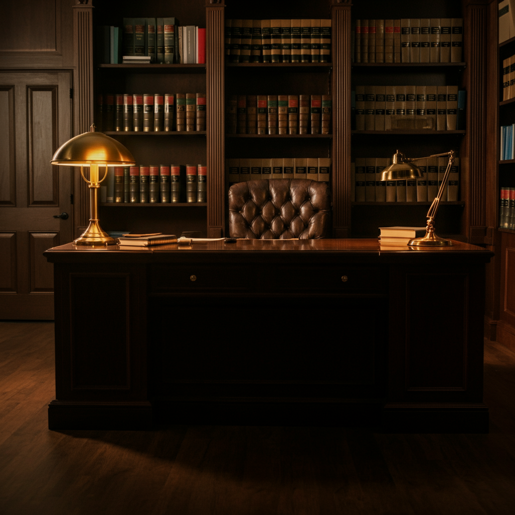 A professional law office with dark wood paneling, leather chairs, and bookshelves filled with legal texts. Soft lighting creates a serious and trustworthy atmosphere.