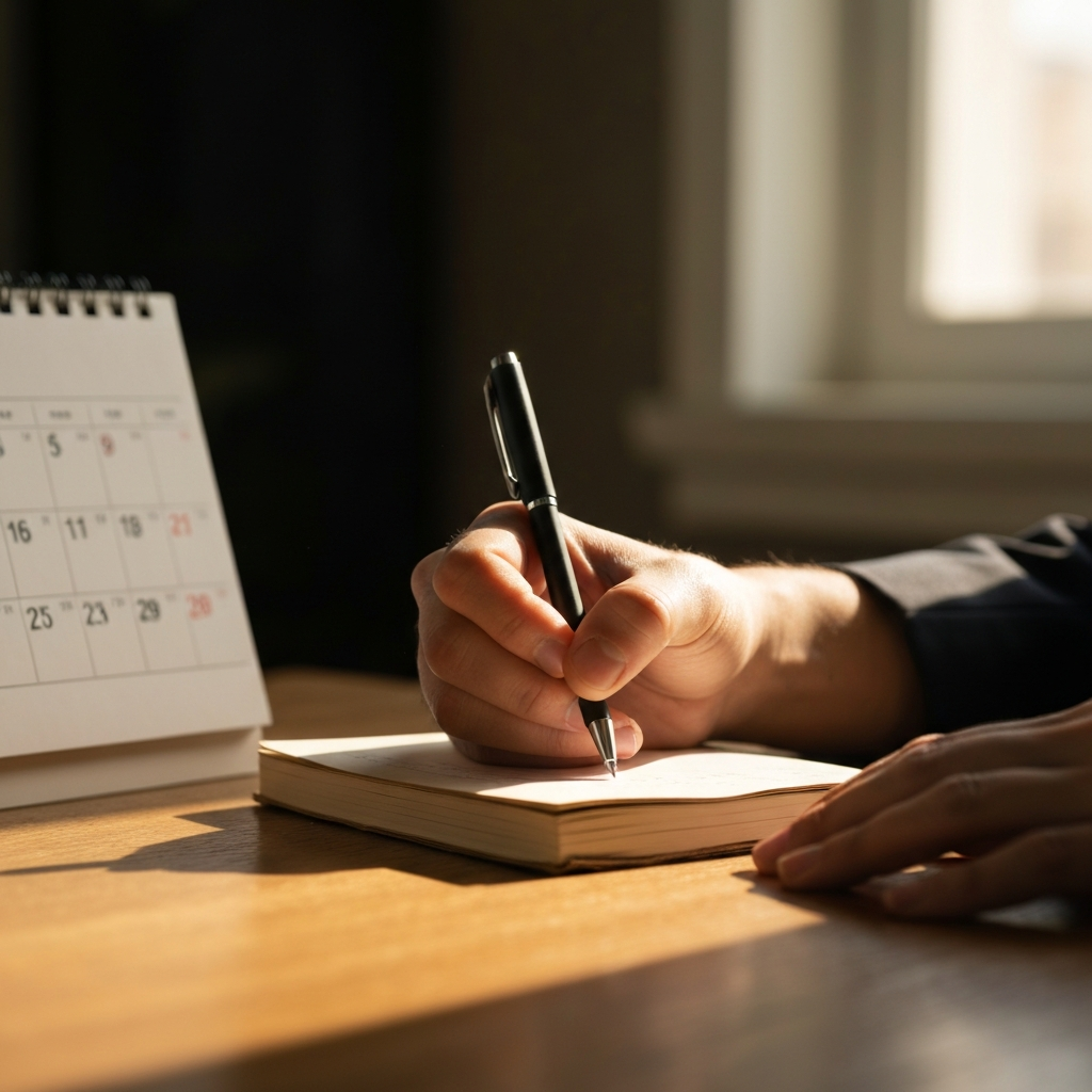 A close-up shot of a hand writing in a small, worn notebook with a pen. The background is blurred, showing a partially visible calendar on a wooden desk, illuminated by warm, natural light filtering through a window.