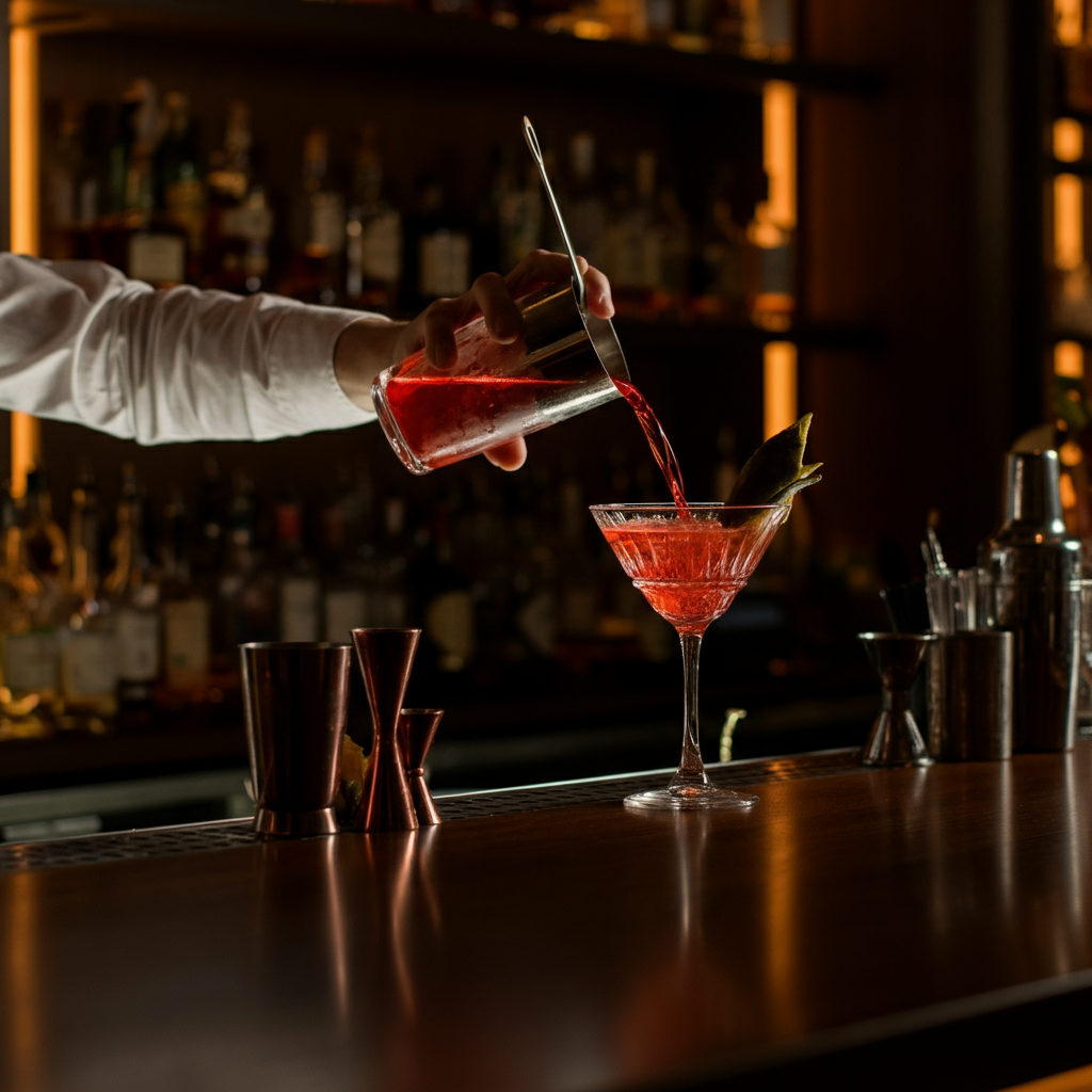A bartender, wearing a crisp white shirt, is carefully pouring a vibrant red cocktail into a stemmed glass. The bar is made of dark wood, reflecting soft ambient light, with various bottles arranged neatly in the background.