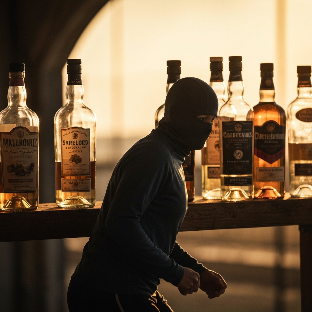 Several glass bottles of different liquors are arranged on a rustic wooden shelf. Soft bokeh is used to blur the background, highlighting the labels on the bottles. The lighting is warm and inviting.