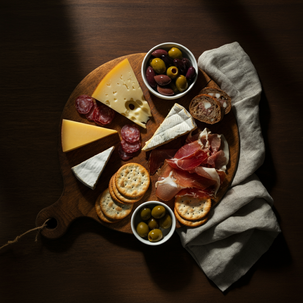 An overhead shot of a charcuterie board featuring various cheeses, cured meats, olives, and crackers. The board is placed on a wooden table with linen napkins. Natural light creates soft shadows and highlights the textures of the food.