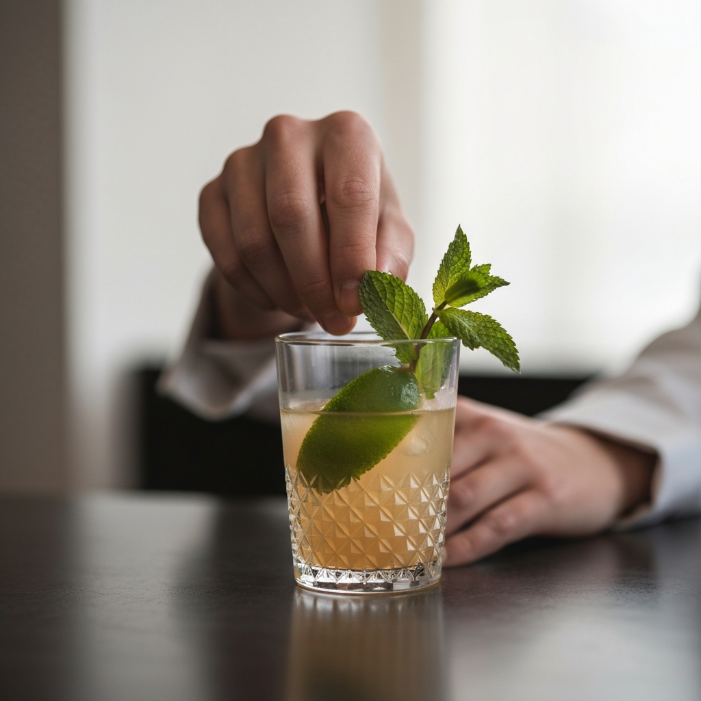 A close-up shot of a hand garnishing a cocktail with a sprig of mint and a slice of lime. The cocktail is in a stylish glass, and the background is slightly blurred to focus on the garnish.
