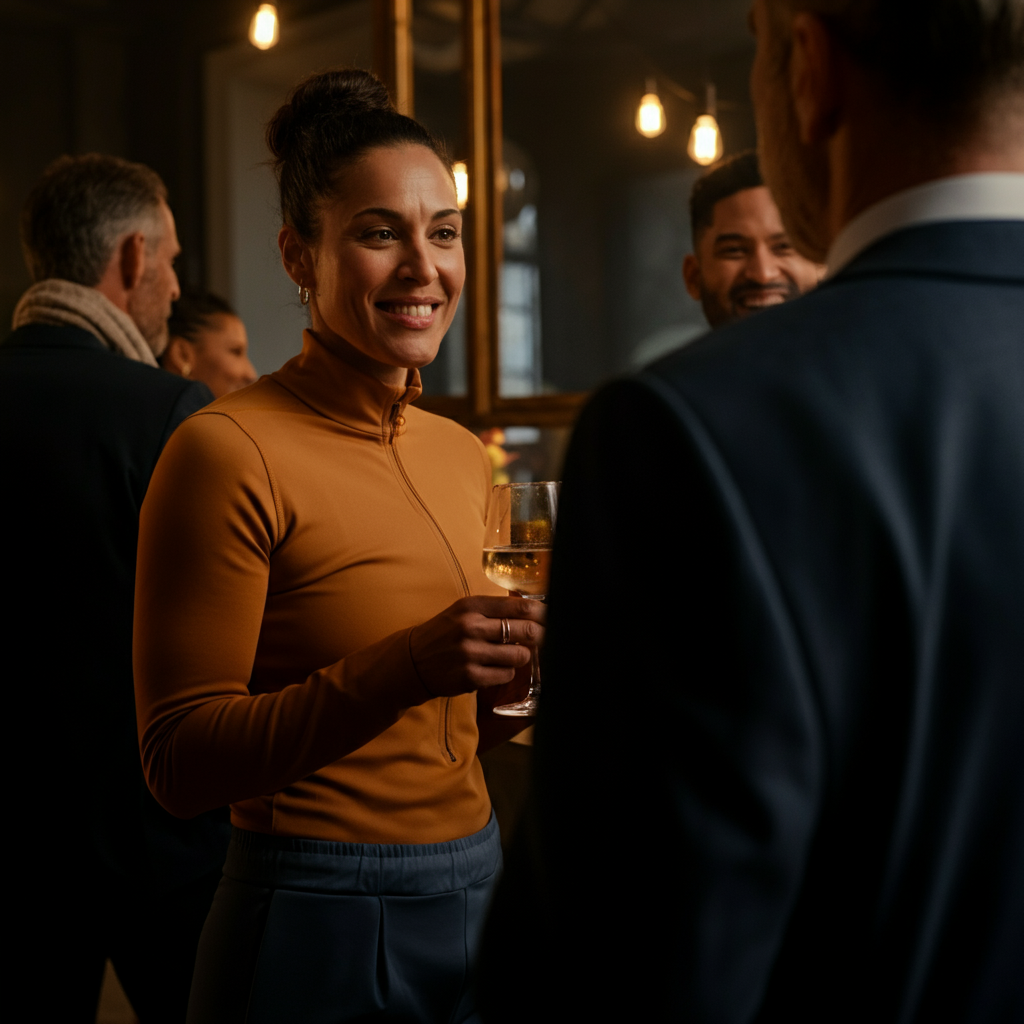 A host, smiling warmly, is engaging in conversation with a group of guests at a cocktail party. The lighting is soft and flattering, and the scene conveys a sense of warmth and conviviality.