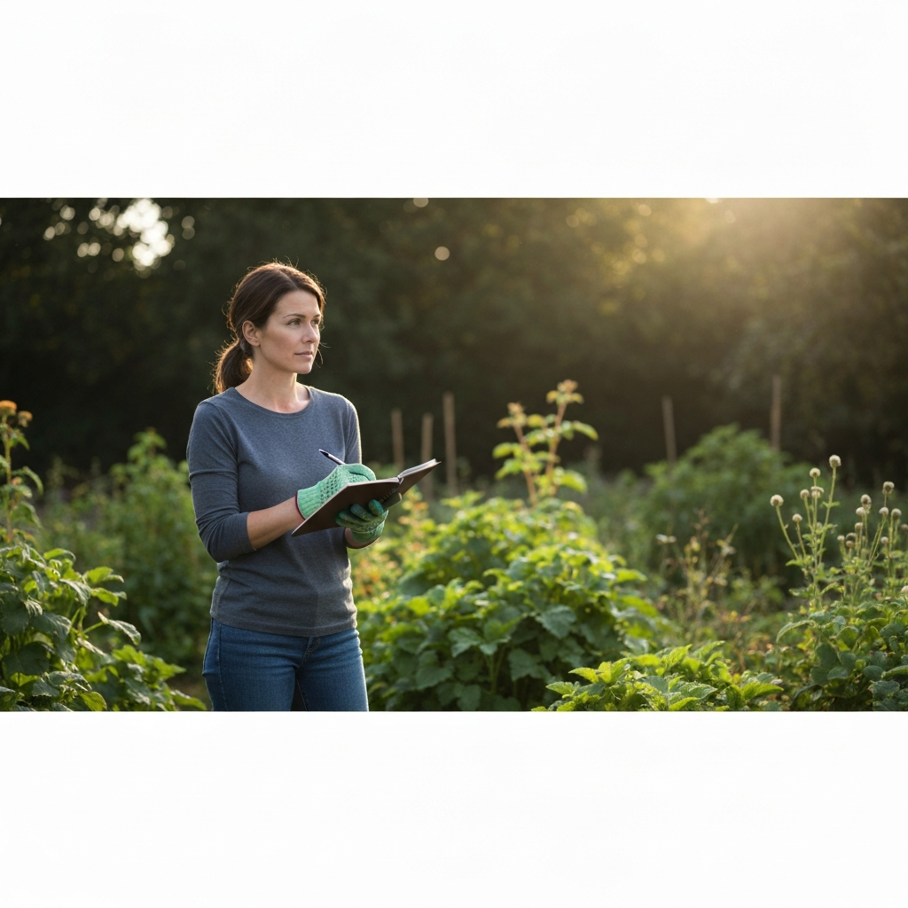 Wide shot of a cluttered garden, morning light, a woman in gardening gloves holding a notebook and pen, looking thoughtfully at the scene. Soft bokeh on the background plants.