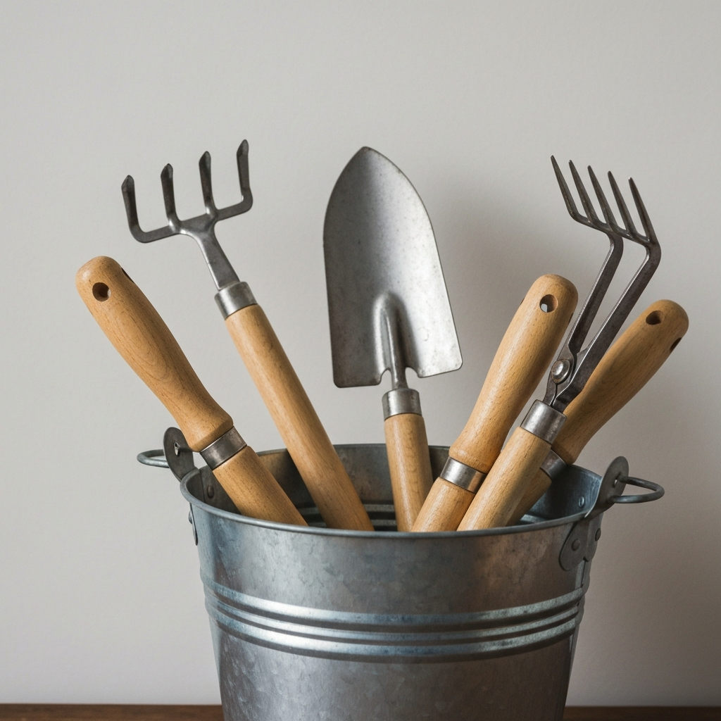 Close-up of gardening tools neatly arranged in a galvanized bucket: trowel, hand rake, pruning shears. Soft lighting, side-lit textures of the metal and wooden handles.