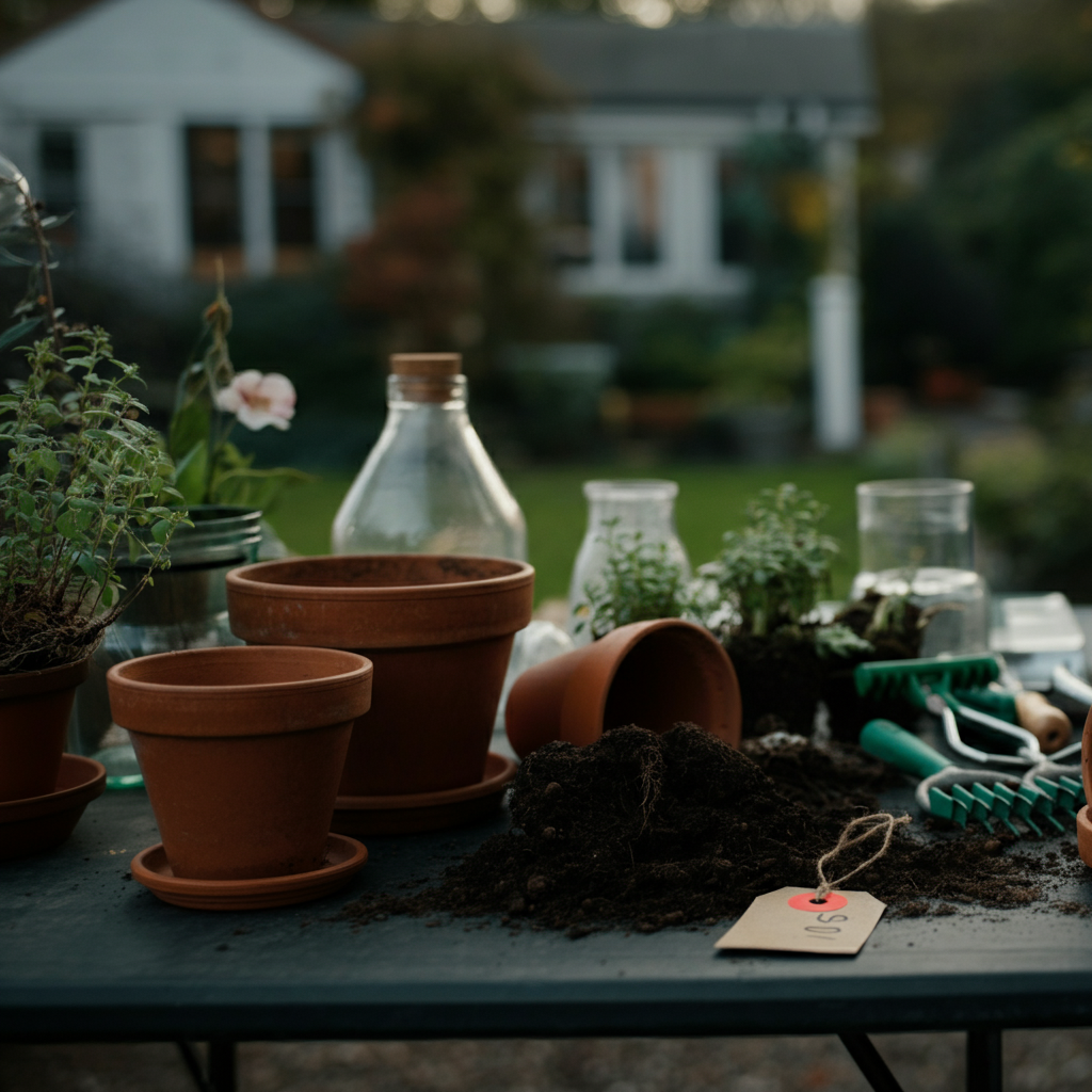 A table at a garage sale, displaying gardening tools, pots, and small plants. A price tag is visible on one of the items. Soft focus on the background, showing a house and garden.