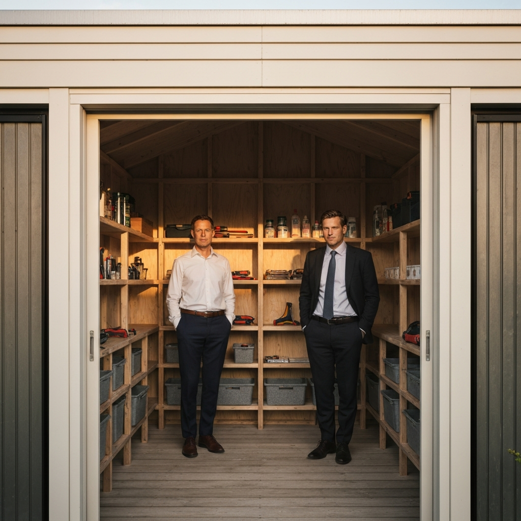 A well-organized garden shed interior, with shelves neatly arranged with tools and supplies. Golden hour lighting coming through the shed door.