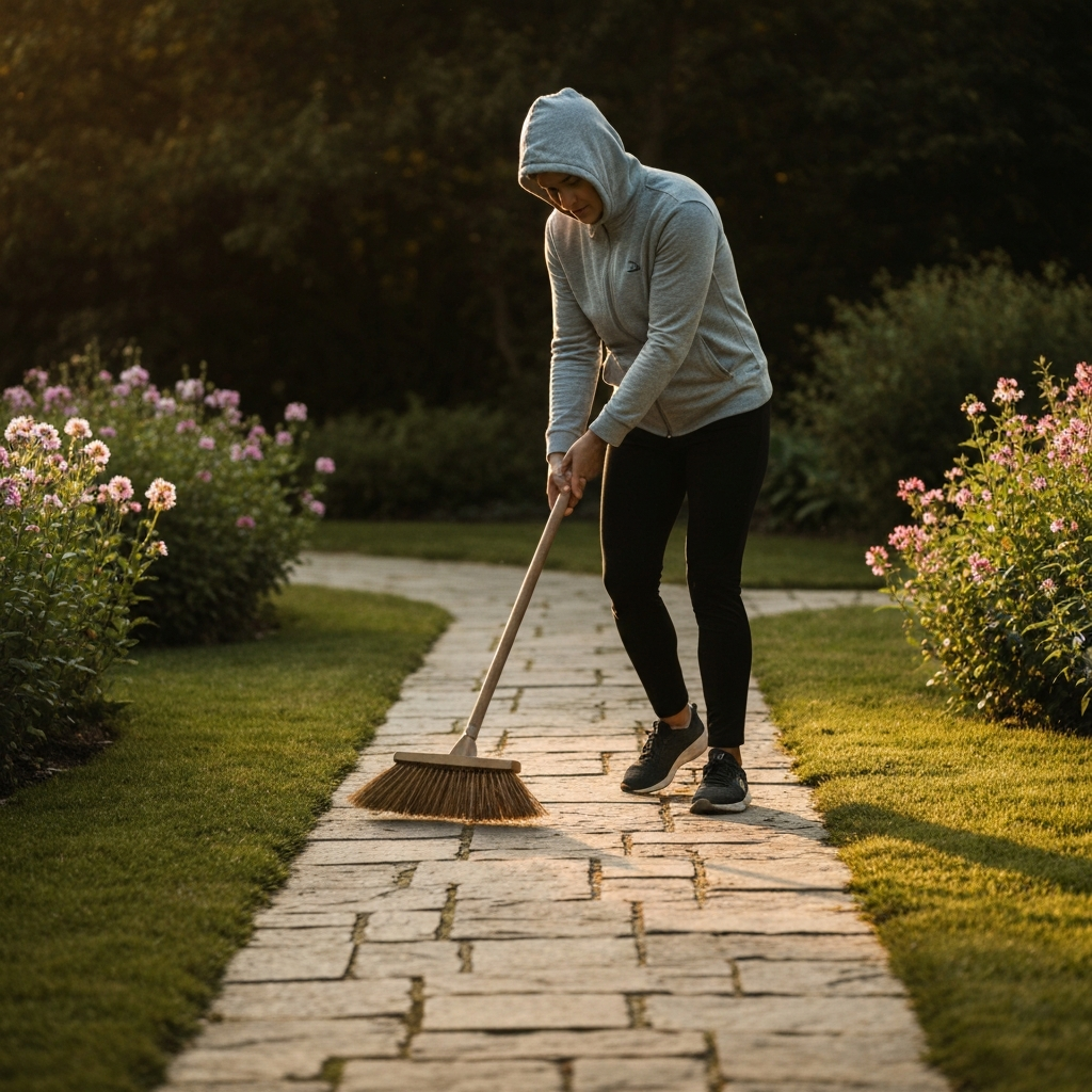 A person sweeping a stone pathway in a garden. Flowers and greenery are visible on either side of the pathway. Soft, diffused light.