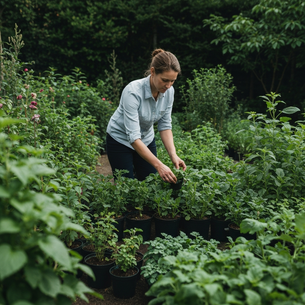 A person tending to plants in a well-organized garden. The garden is clean and tidy, with no clutter visible. Natural, bright lighting.