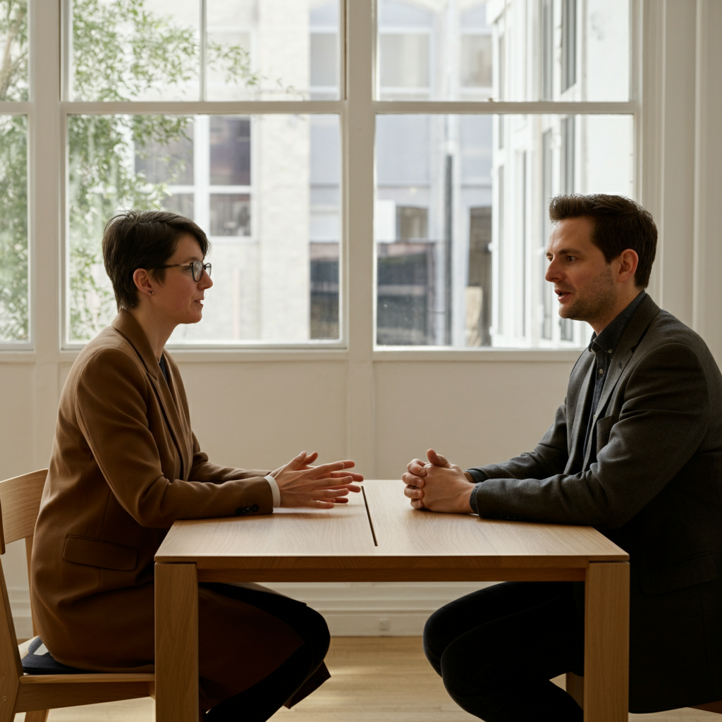 Two individuals sitting across from each other at a wooden table in a bright, modern office. One person is speaking animatedly, while the other leans forward attentively, with a slight, encouraging smile. The table is clean and uncluttered, and natural light streams in from a nearby window.
