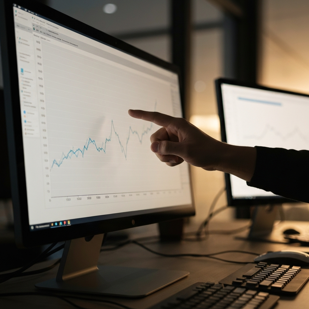 Close-up shot of a hand pointing to a graph on a large monitor in a dimly lit office. The graph shows a clear upward trend, and the ambient light reflects subtly off the screen and the hand. The monitor is surrounded by other computer screens, creating a professional, technical atmosphere.