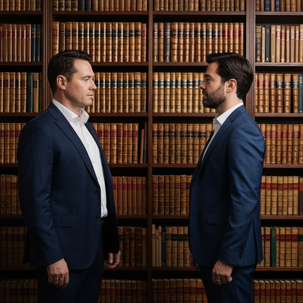 Two individuals standing in a well-lit library, engaged in a calm, but serious conversation. They are facing each other, maintaining respectful eye contact, and their body language suggests active listening and thoughtful engagement. Bookshelves filled with leather-bound volumes create a rich, textured background.