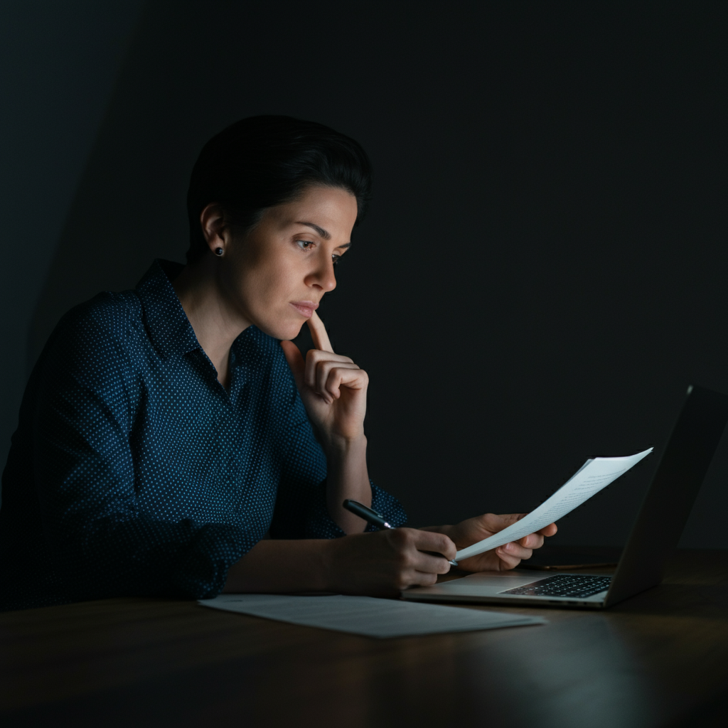 A person sitting at a desk, illuminated by the soft glow of a laptop screen. They are thoughtfully re-reading a document, with a pen resting in their hand. Their expression suggests deep contemplation and a willingness to reconsider their initial opinions.