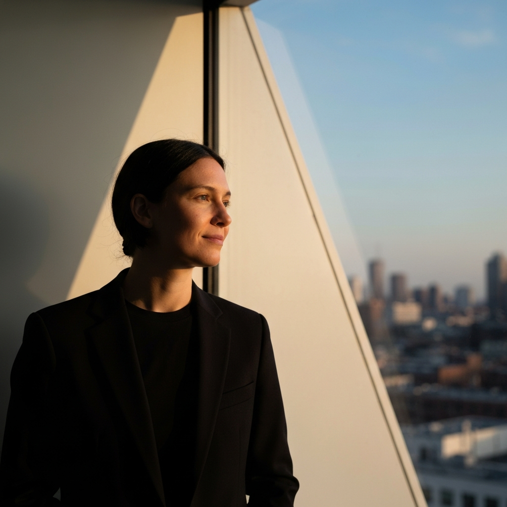 An individual standing near a window, looking out at a cityscape bathed in the soft light of dusk. Their expression is calm and serene, suggesting a sense of peace and acceptance. The window frame creates a subtle, geometric pattern around them.