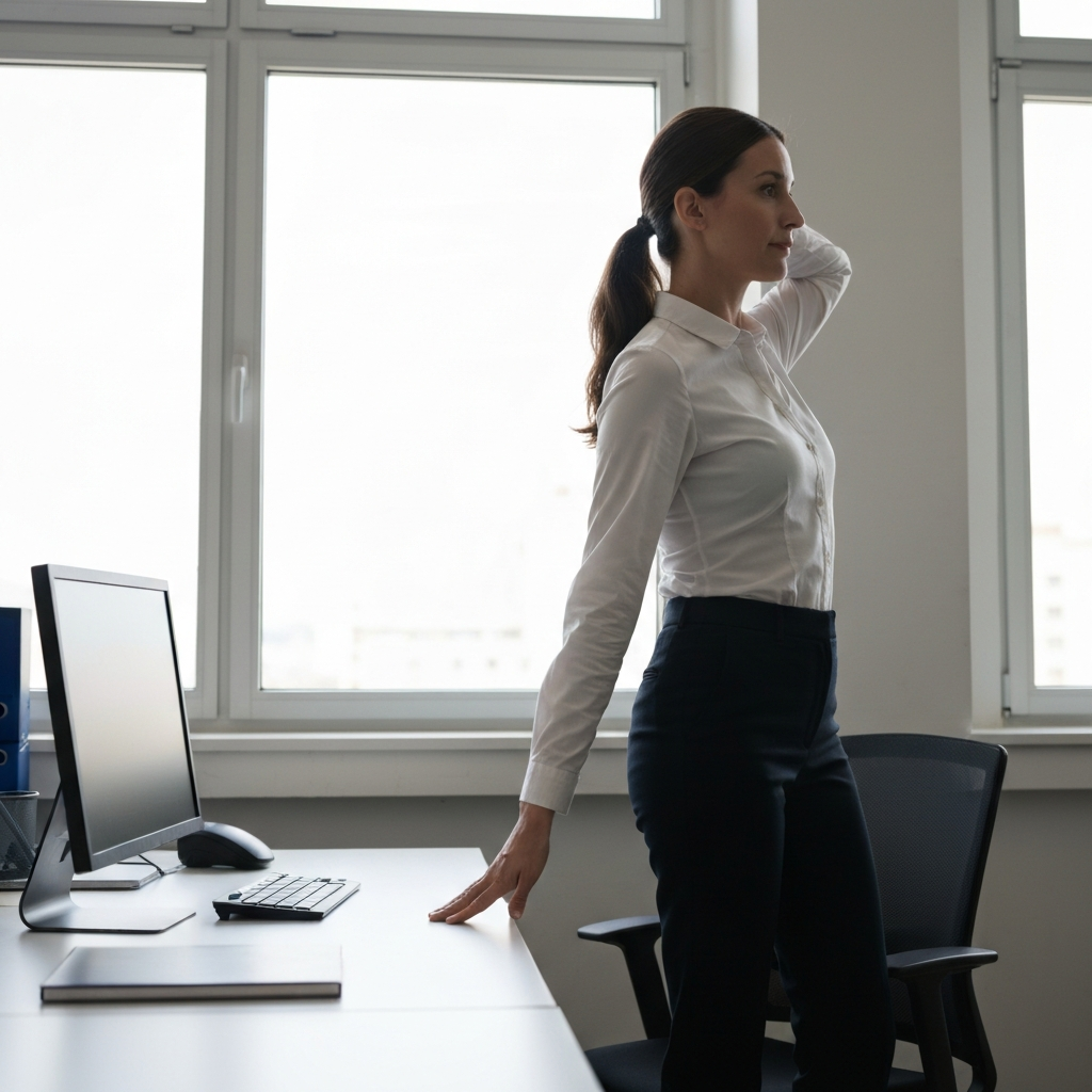 An office worker, neatly dressed, standing up from their desk during the day, doing a gentle spinal twist. Soft, diffused light coming from the window, highlighting the textures of the office environment.