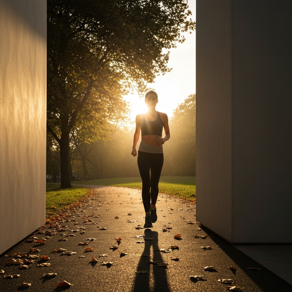 A woman in athletic wear walking briskly through a park during golden hour. The sun is behind her, creating a rim light effect. Leaves are scattered on the path, showcasing texture and depth.