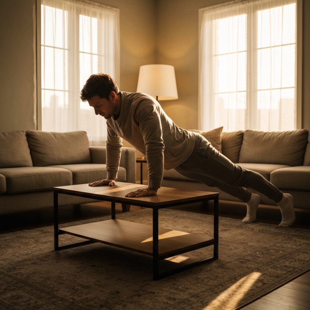A living room environment with sunlight streaming through a window. A man in comfortable clothing is doing a push-up with his hands on a low coffee table.
