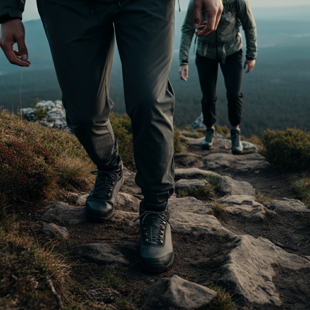 Two people hiking on a mountain trail, viewed from a low angle to emphasize the steepness of the climb. Soft bokeh in the background showing distant trees and sky. Focus on the texture of their clothing and the rocky path.