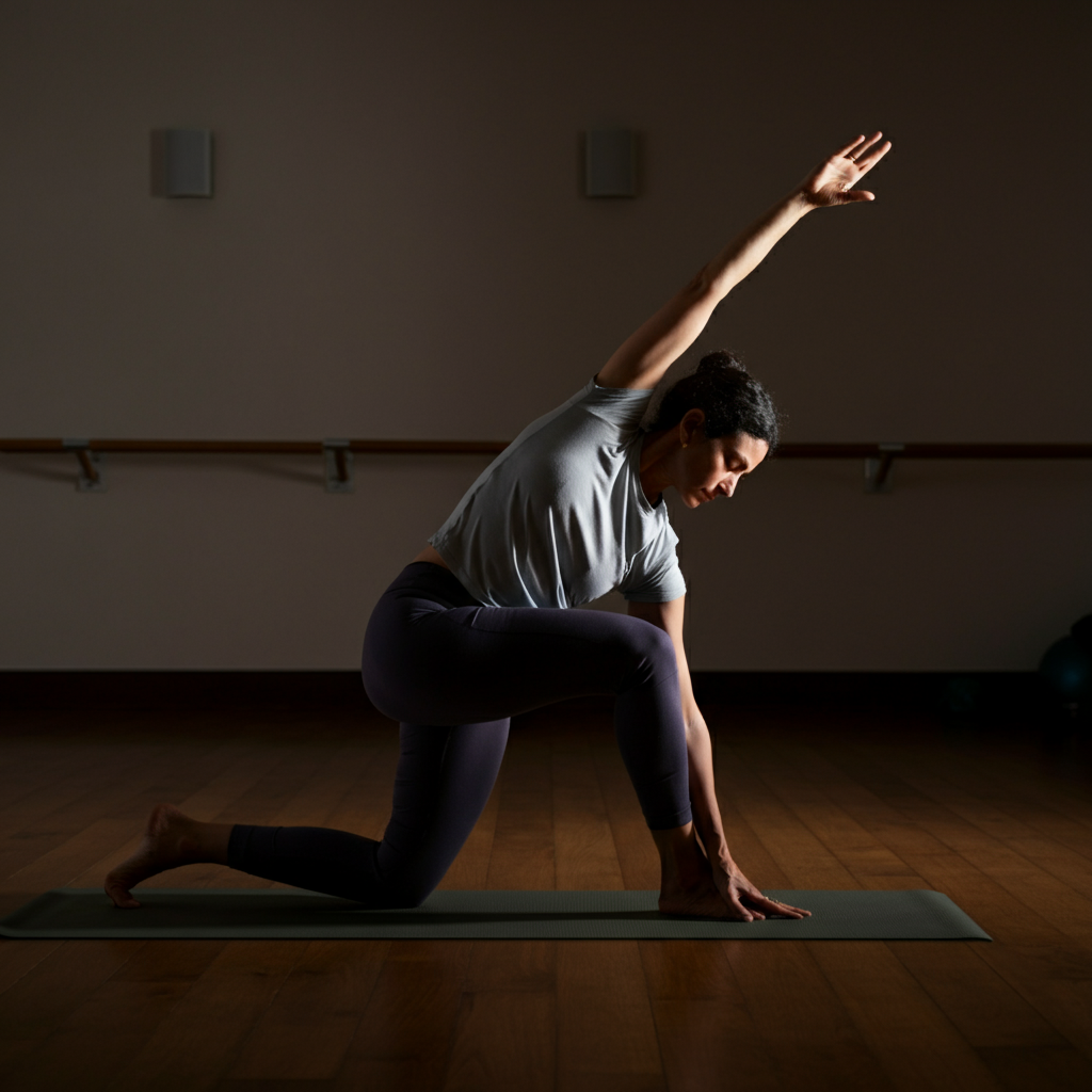 A yoga studio with soft, natural lighting. A person in a yoga pose, focused and serene. The studio has hardwood floors and minimal decor, creating a calming atmosphere.