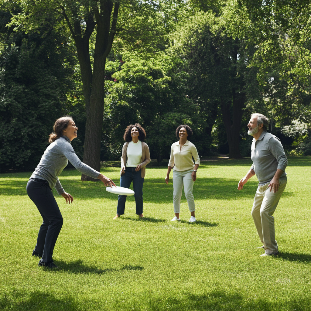 A group of adults playing frisbee in a park, laughing and enjoying themselves. Bright, sunny day with vibrant green grass and trees in the background. Focus on the motion of the frisbee and the joyful expressions on their faces.