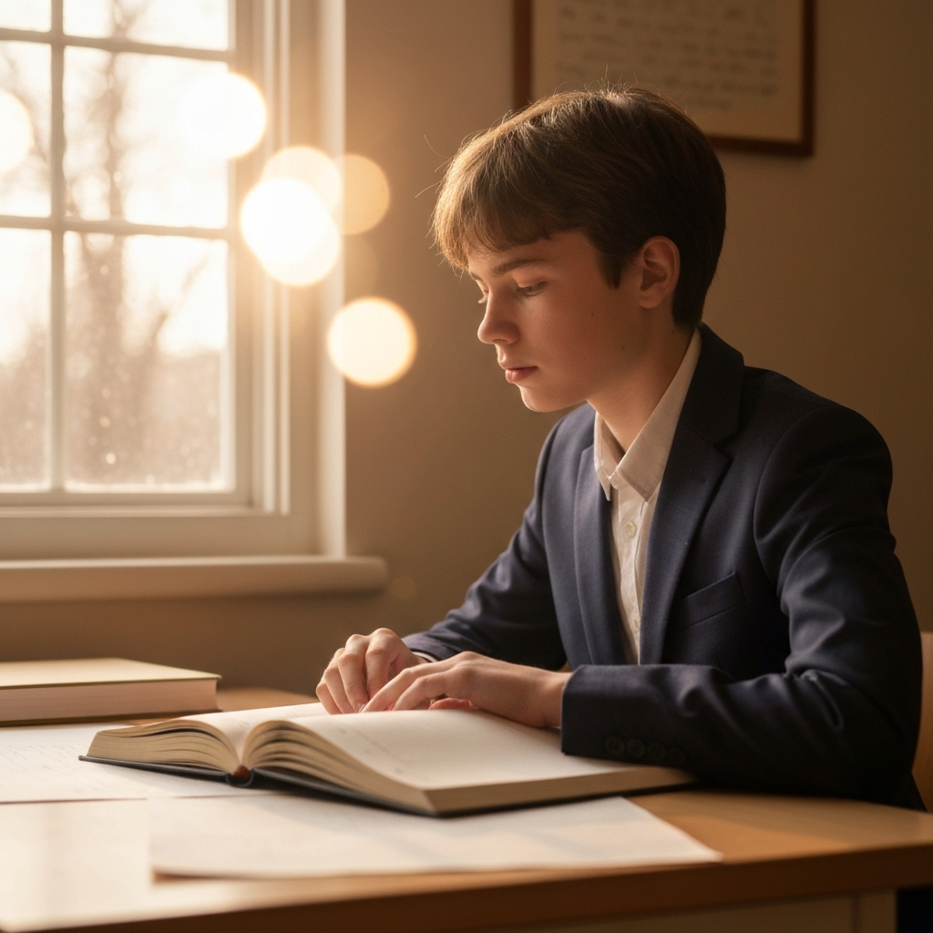 A teenager sits at a desk in a sunlit room, journal open in front of them. Soft bokeh effect on the window behind them. The room has a minimalist aesthetic with warm, natural light and textured paper.