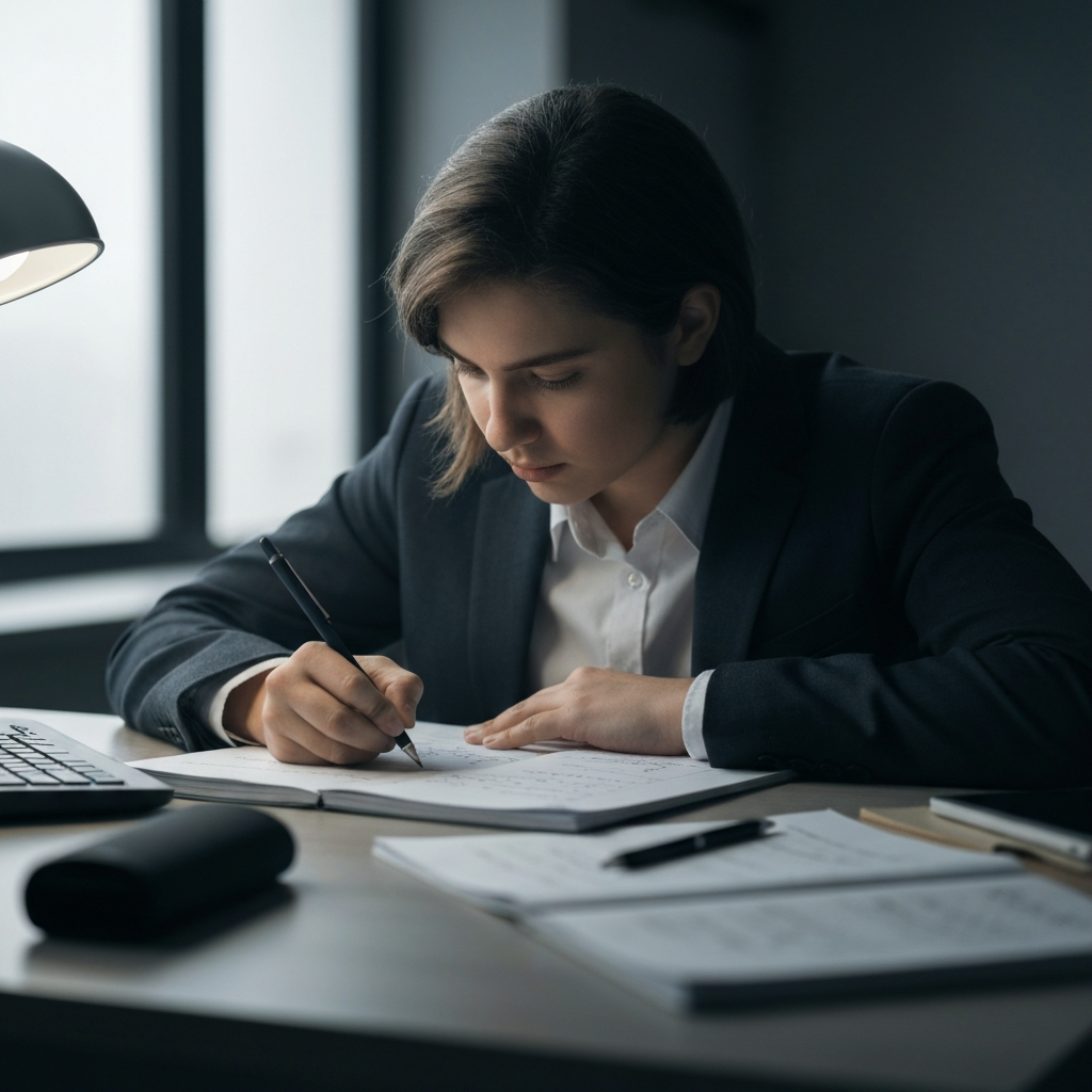 A student is working on a complex math problem at their desk. The student is focused and determined, and the desk is organized. The scene is side-lit to bring out the textures of the materials.