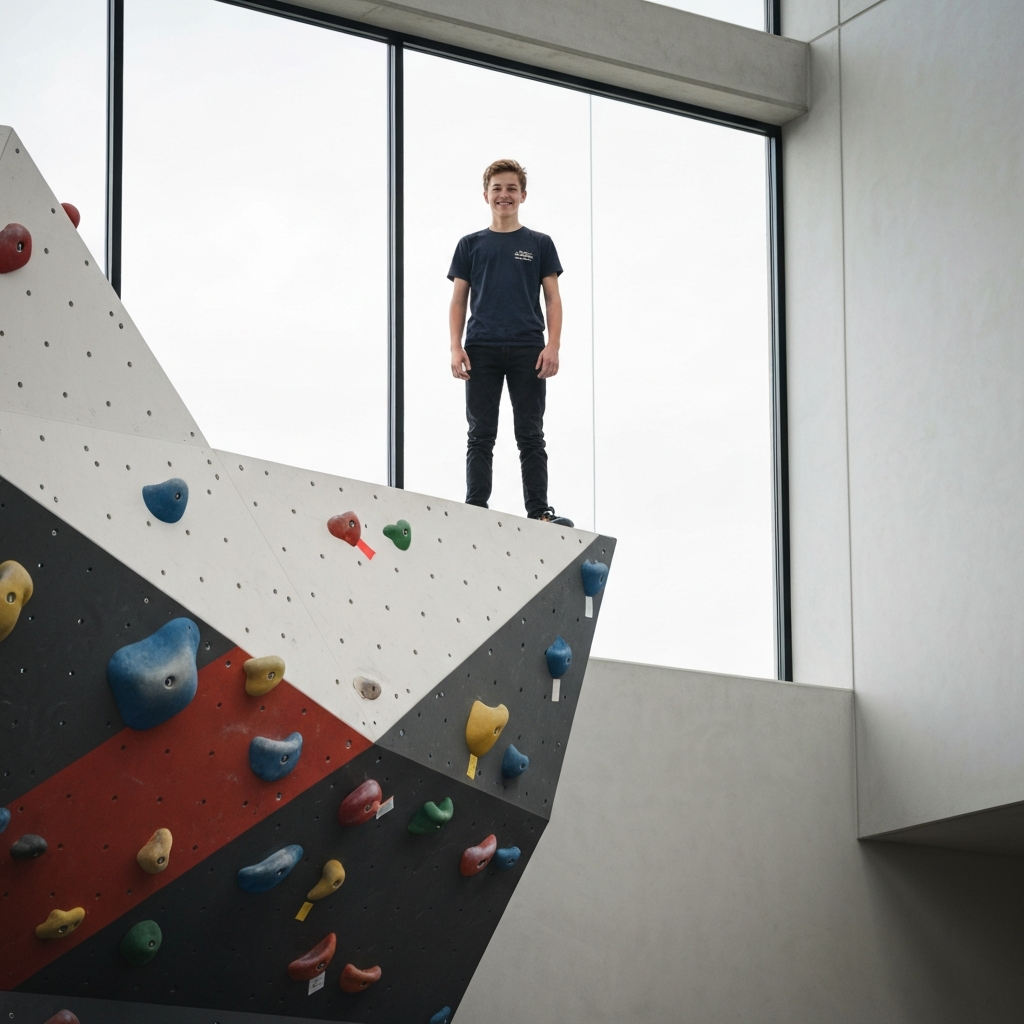 A teenager is standing at the top of a climbing wall. The teenager is smiling and confident, and the climbing wall is colorful and challenging. The scene is brightly lit, and the colors are vibrant.