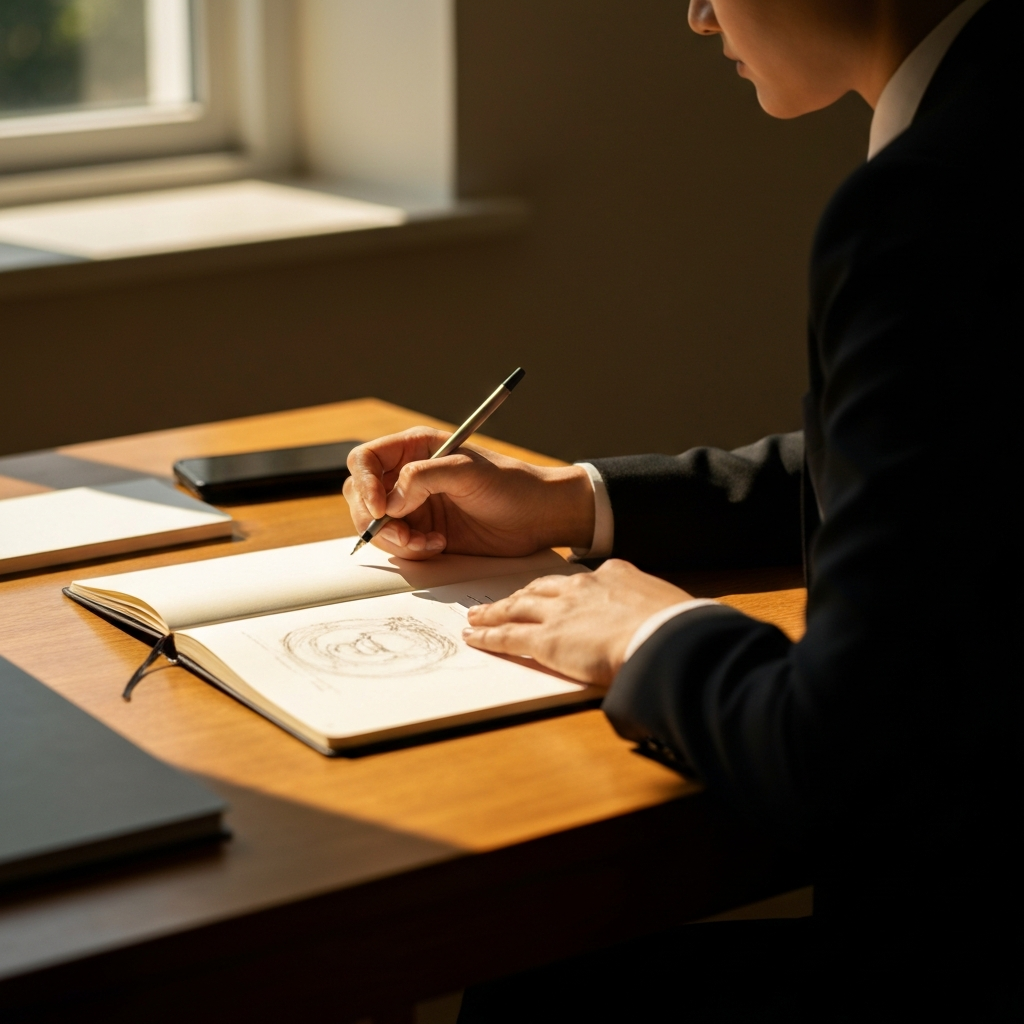 A person sitting at a wooden desk in a sunlit room, sketching in a notebook. Soft golden light streams through the window, illuminating the page and highlighting the texture of the paper.