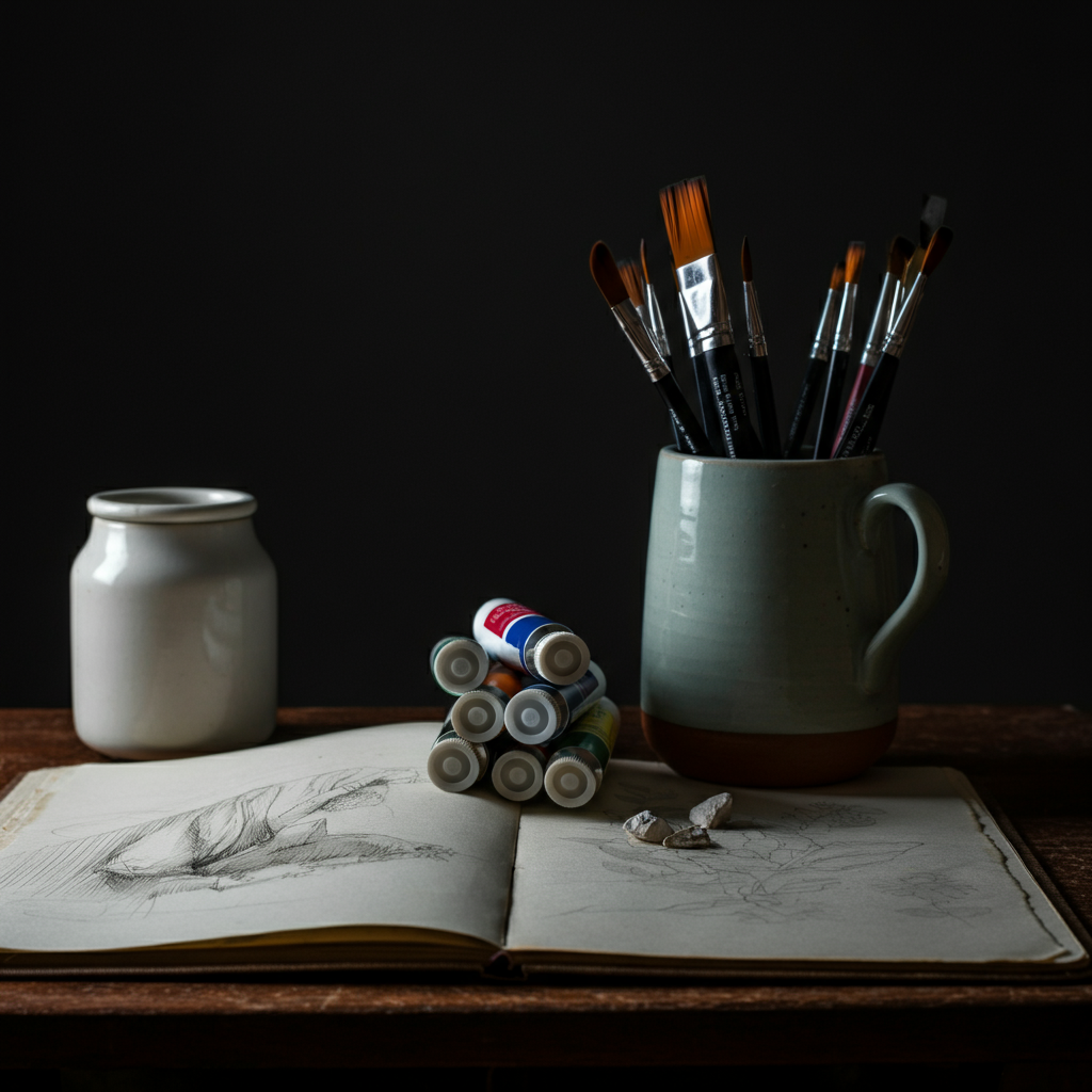 A still life arrangement of essential art supplies: a worn sketchbook open on a textured page, a set of graphite pencils arranged by grade, a ceramic water container, and a neatly stacked selection of acrylic paint tubes, side-lit to emphasize their cylindrical shapes.